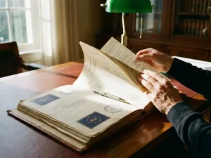 Open regulatory dossier with EU stamps on mahogany desk showing pharmaceutical documentation pages, hands reviewing papers, silver pen on binding
