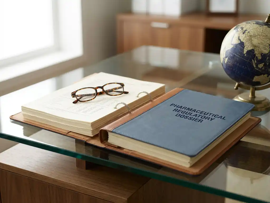 Open pharmaceutical regulatory dossier binder on a glass desk with reading glasses, technical documents, and a small globe suggesting international submissions.