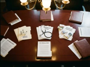 Mahogany conference table with pharmaceutical products, medical devices, and regulatory documents organized by therapeutic areas.