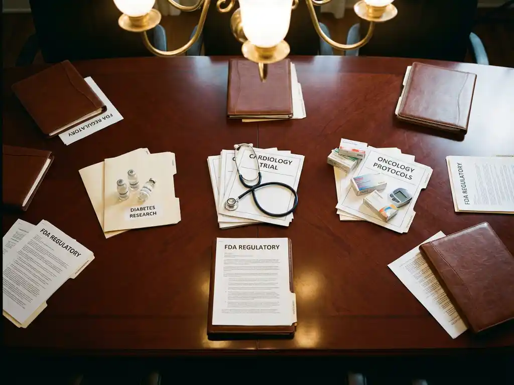 Mahogany conference table with pharmaceutical products, medical devices, and regulatory documents organized by therapeutic areas.