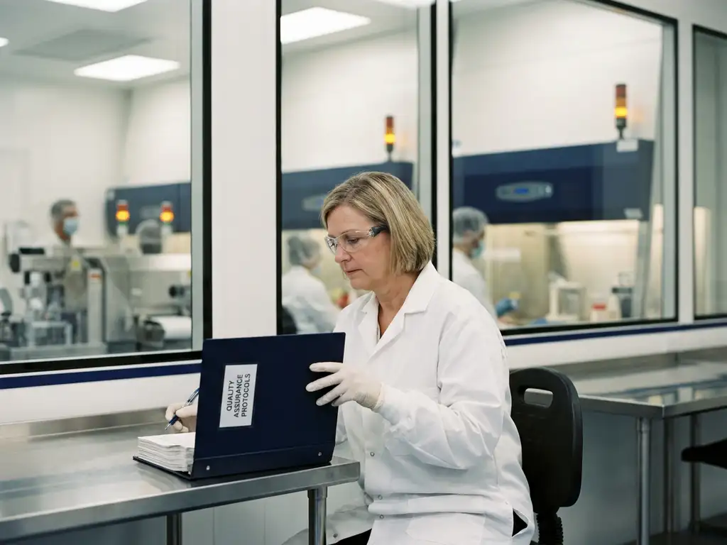 Pharmaceutical scientist in a white lab coat reviewing a quality binder at a stainless steel workbench, biopharmaceutical cleanroom visible behind her.