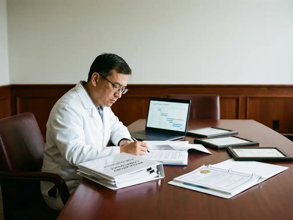 Pharmaceutical scientist in white lab coat reviewing FDA regulatory compliance documents at conference table with laptop