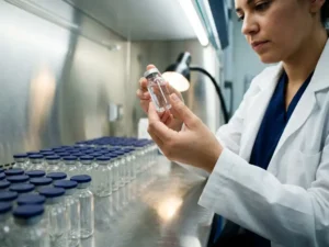 Pharmaceutical technician in white lab coat inspecting a sterile glass vial under clinical lighting, rows of vials on stainless steel surface behind.