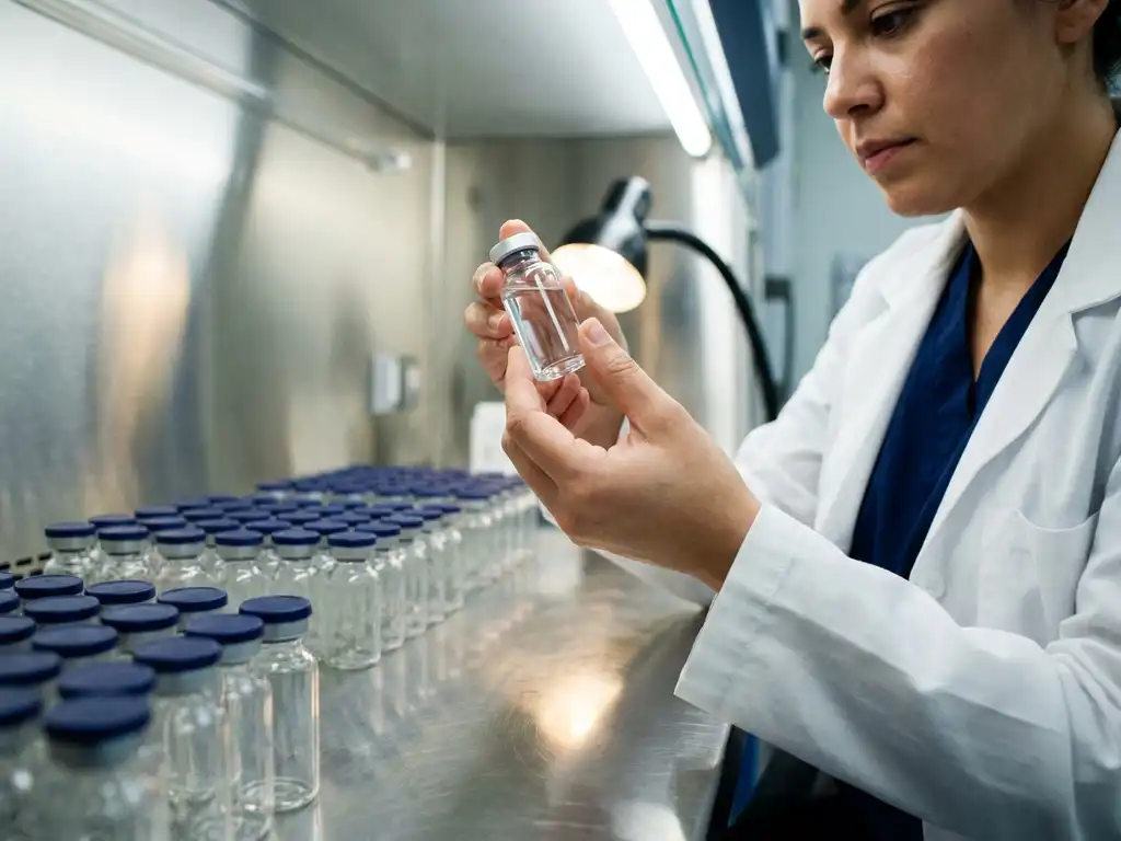 Pharmaceutical technician in white lab coat inspecting a sterile glass vial under clinical lighting, rows of vials on stainless steel surface behind.