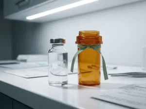 Pharmaceutical vial and amber pill bottle on a white lab bench, one tied with a green ribbon, surrounded by clinical documents.