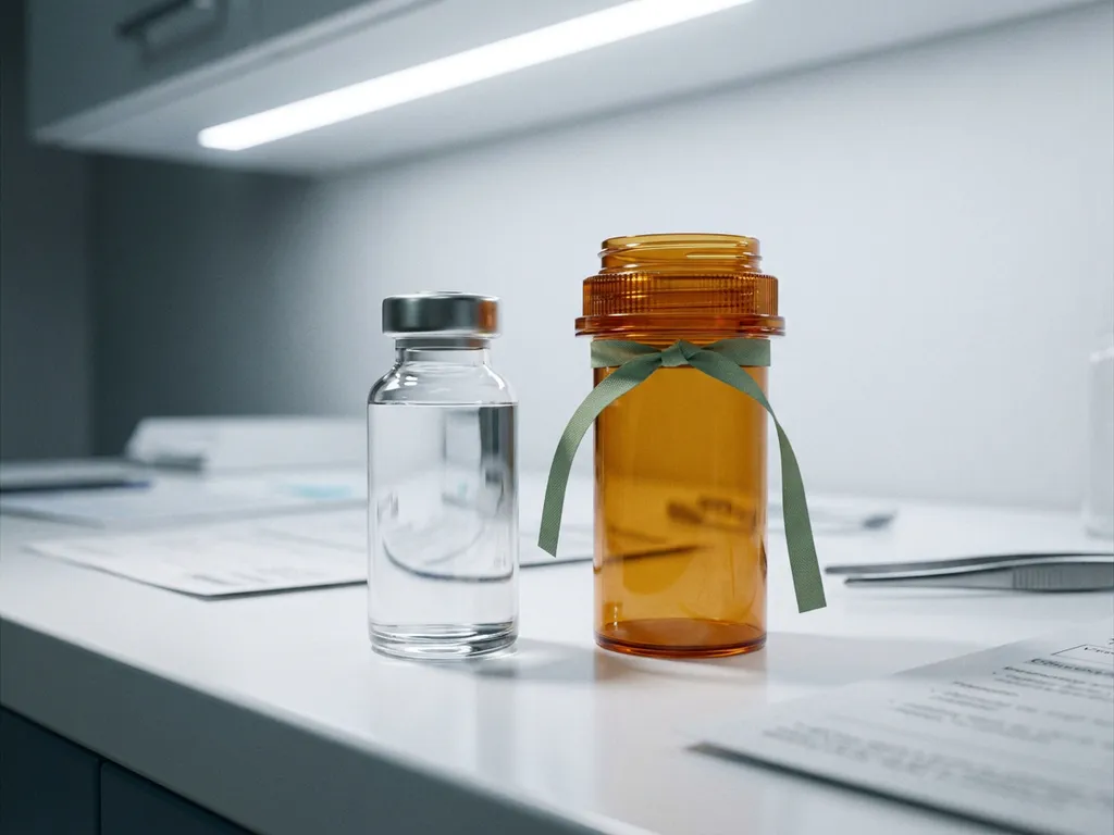 Pharmaceutical vial and amber pill bottle on a white lab bench, one tied with a green ribbon, surrounded by clinical documents.