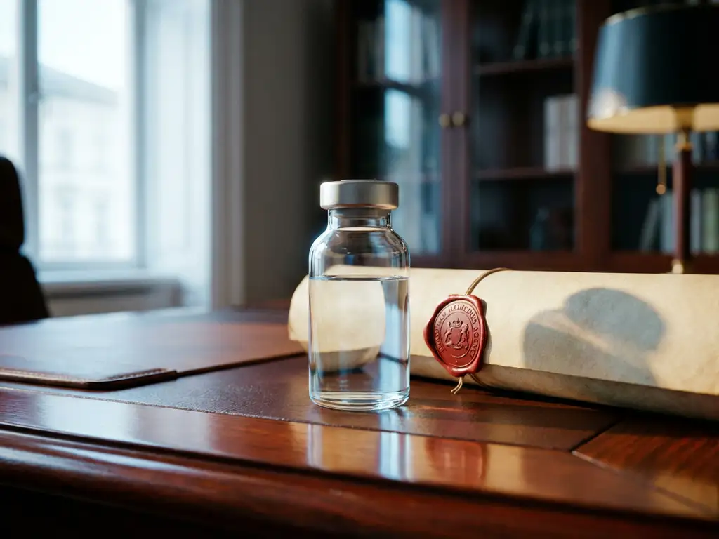 Glass vial with clear pharmaceutical liquid next to European regulatory document with red wax seal on mahogany desk
