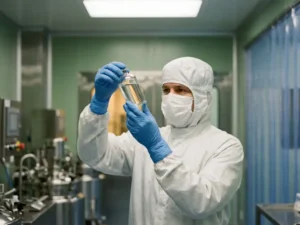 Cleanroom technician in sterile white attire inspecting a pharmaceutical vial in a sterile manufacturing facility.