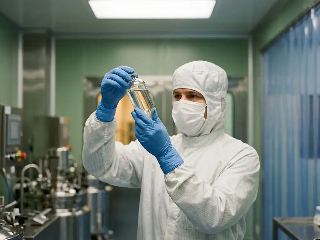 Cleanroom technician in sterile white attire inspecting a pharmaceutical vial in a sterile manufacturing facility.