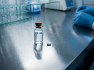Laboratory vial with clear liquid and white pill on stainless steel surface under clinical lighting