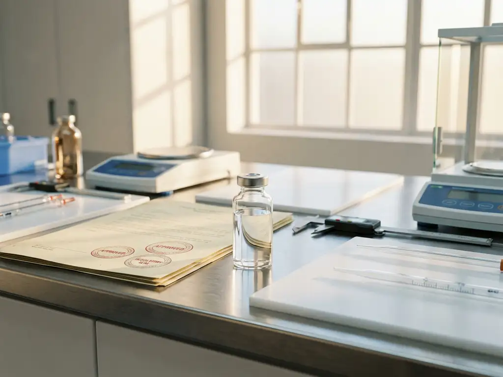 Glass vial with clear pharmaceutical solution on laboratory bench beside regulatory document with red approval stamps and measuring instruments