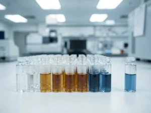 Glass vials with colored pharmaceutical solutions arranged in rows on white laboratory bench, one vial separated from group