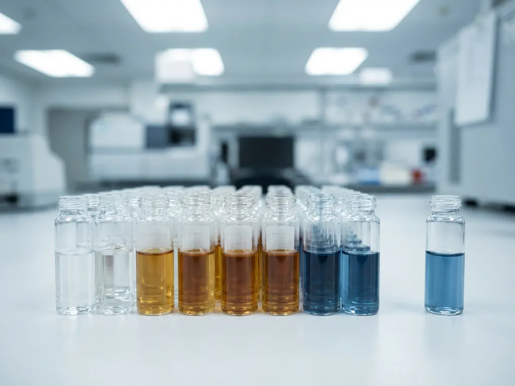 Glass vials with colored pharmaceutical solutions arranged in rows on white laboratory bench, one vial separated from group