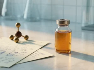 Amber-colored compound in a single glass vial on a lab bench beside scientific documents and a small molecular model.