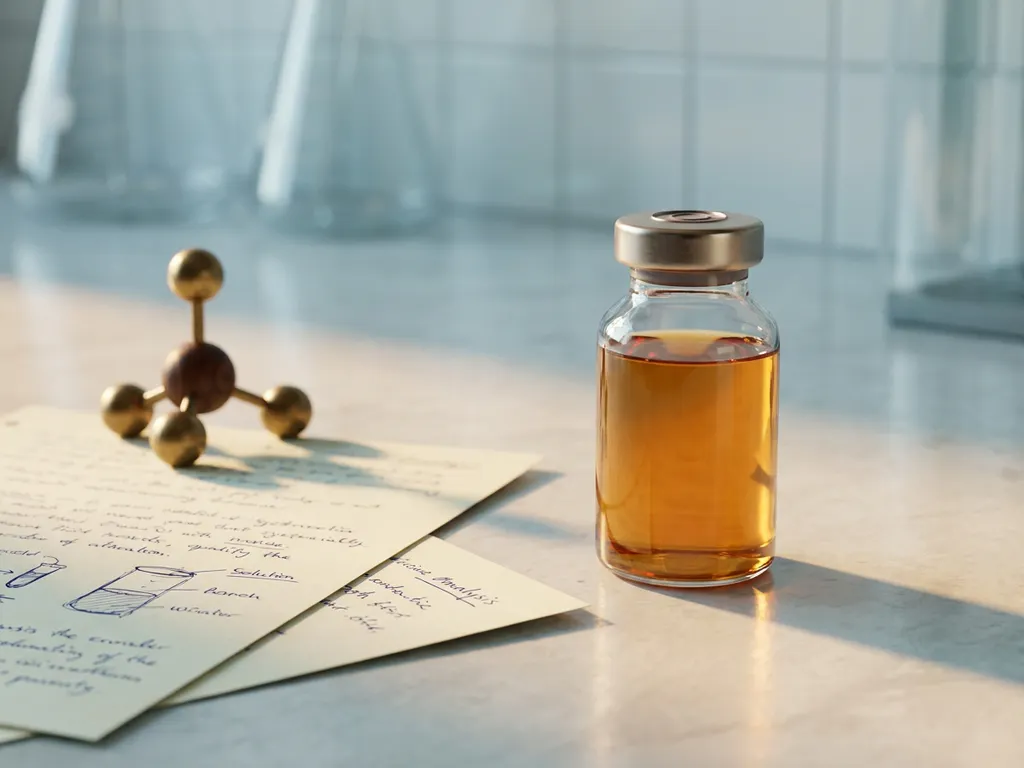 Amber-colored compound in a single glass vial on a lab bench beside scientific documents and a small molecular model.