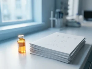 Amber-filled pharmaceutical vial beside EU regulatory dossier documents on a white laboratory surface.