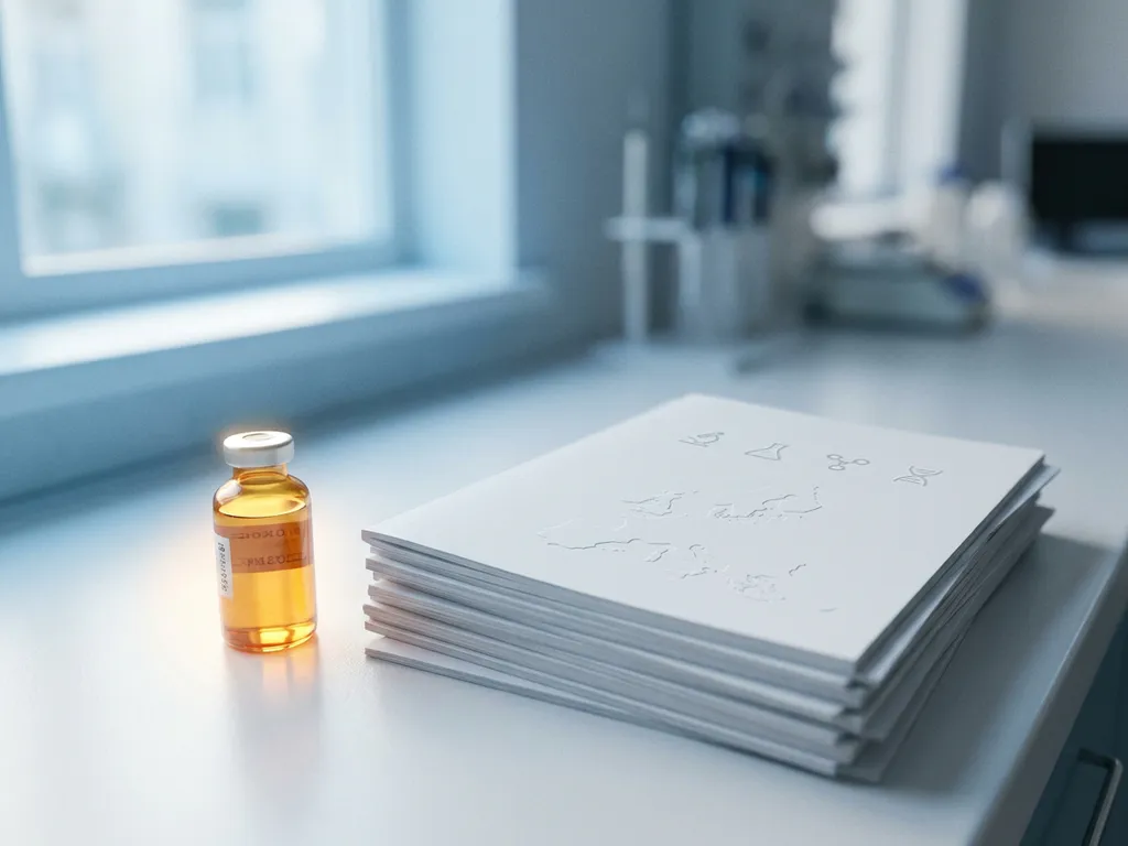 Amber-filled pharmaceutical vial beside EU regulatory dossier documents on a white laboratory surface.