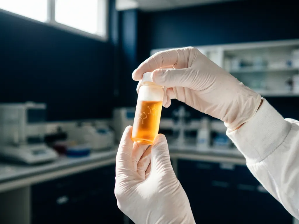 Gloved hands holding a luminous amber vial of crystalline liquid in a clinical laboratory with frosted glass molecular etching in the background.