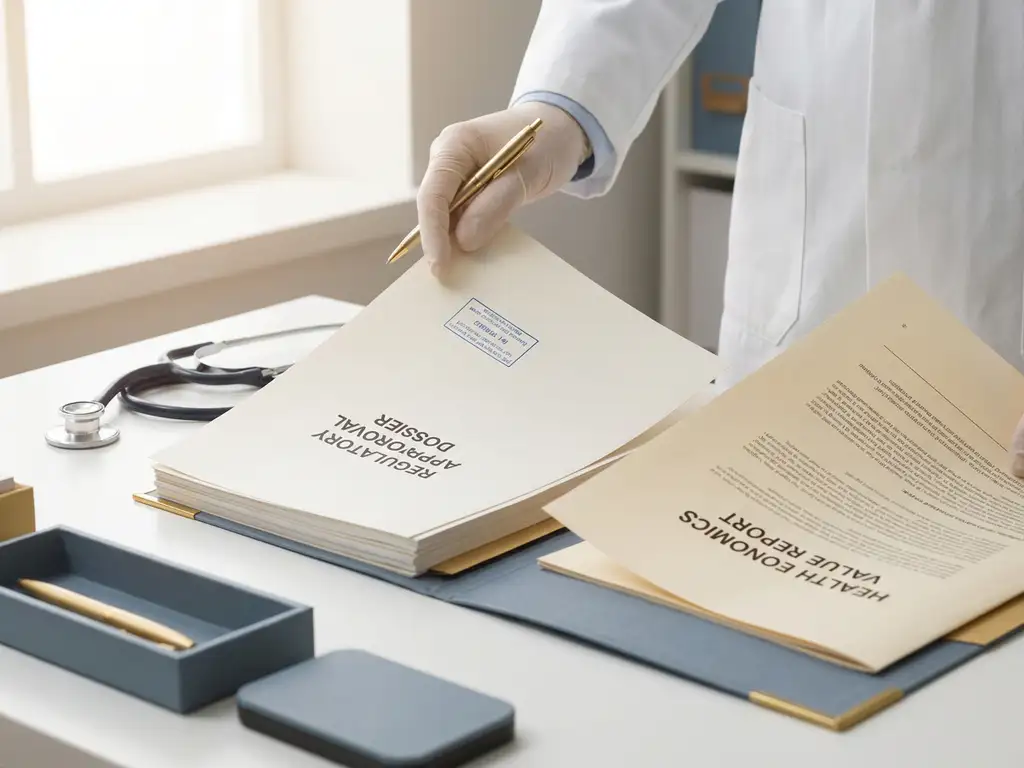 Pharmacist placing a stamped regulatory approval dossier beside a health economics value report on a clinical desk with a stethoscope nearby.