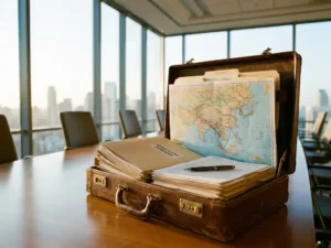 Worn leather briefcase open on a conference table with regulatory documents and an Asia map marked with strategic route lines, pen resting on top.