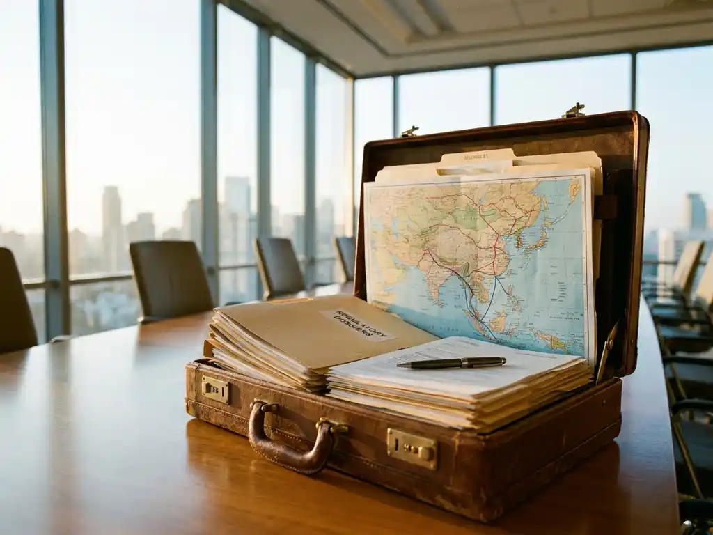 Worn leather briefcase open on a conference table with regulatory documents and an Asia map marked with strategic route lines, pen resting on top.