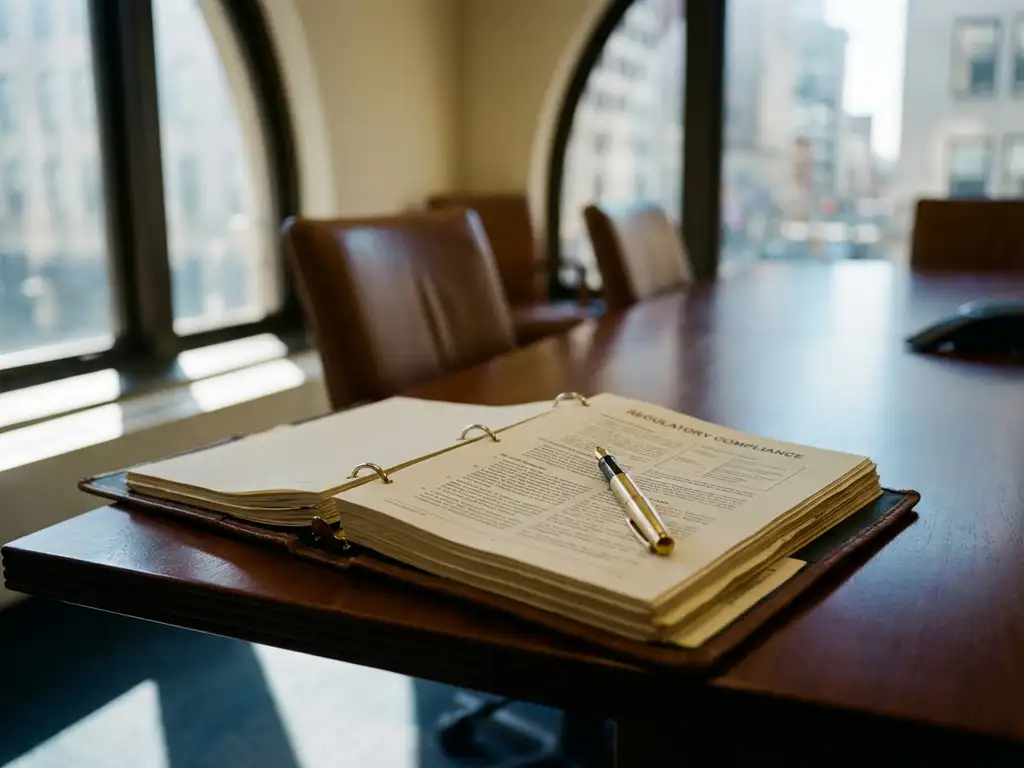Open regulatory compliance binder with gold fountain pen on mahogany conference table in naturally lit office