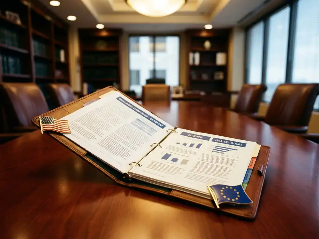 Open regulatory compliance binder on mahogany conference table with American and EU flag pins from international meeting