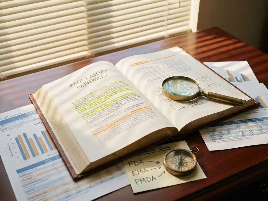 Open regulatory document with highlighted sections on mahogany desk, magnifying glass over fine print, clinical data charts and brass compass nearby, warm sunlight through blinds