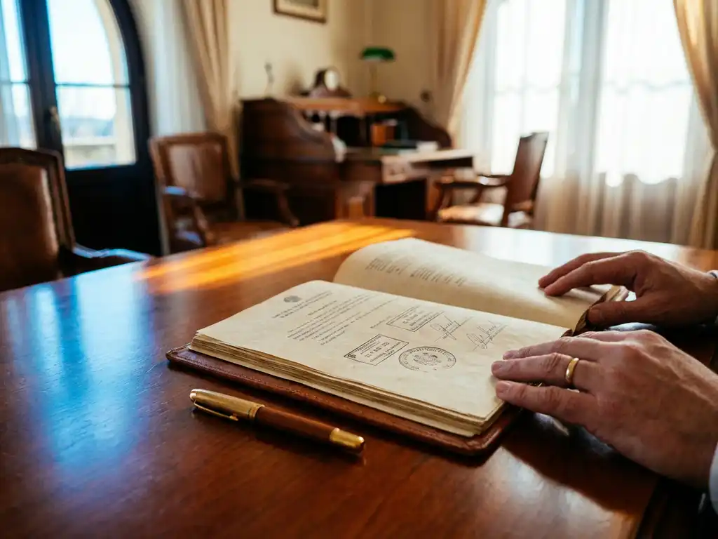 Official regulatory document with stamps and signatures on mahogany desk, gold fountain pen beside papers, hands reviewing in natural light