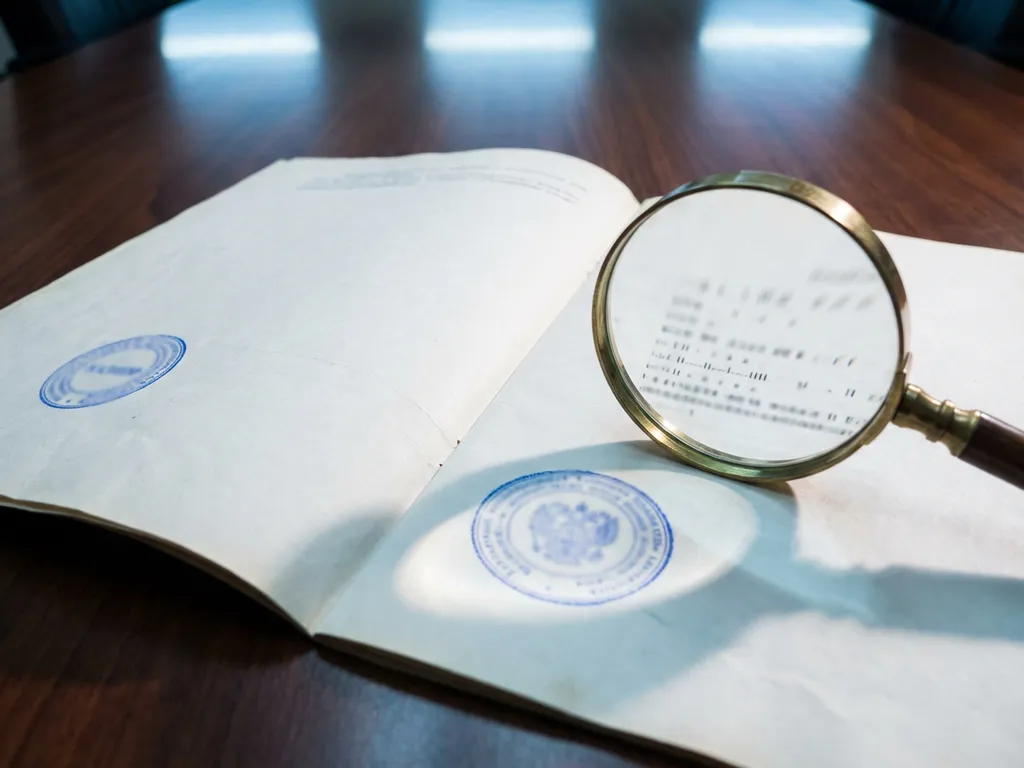 Regulatory document with EU and US seals open on mahogany table, magnifying glass highlighting fine print differences