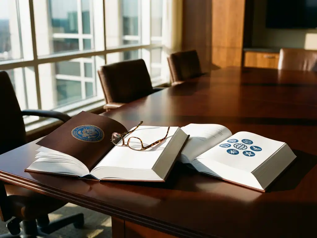 Open FDA and European regulatory guidebooks on mahogany conference table with reading glasses, warm sunlight streaming through office windows creating soft shadows
