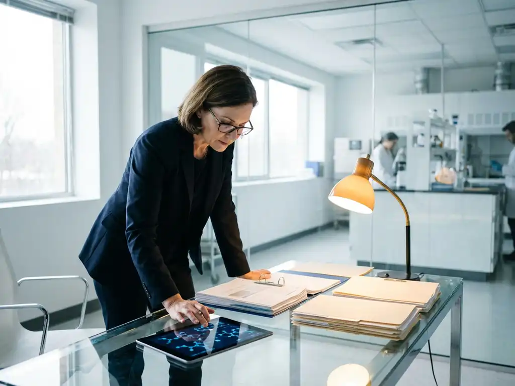 Regulatory consultant reviewing pharmaceutical documents at glass desk with AI tablet showing molecular structures in modern laboratory setting
