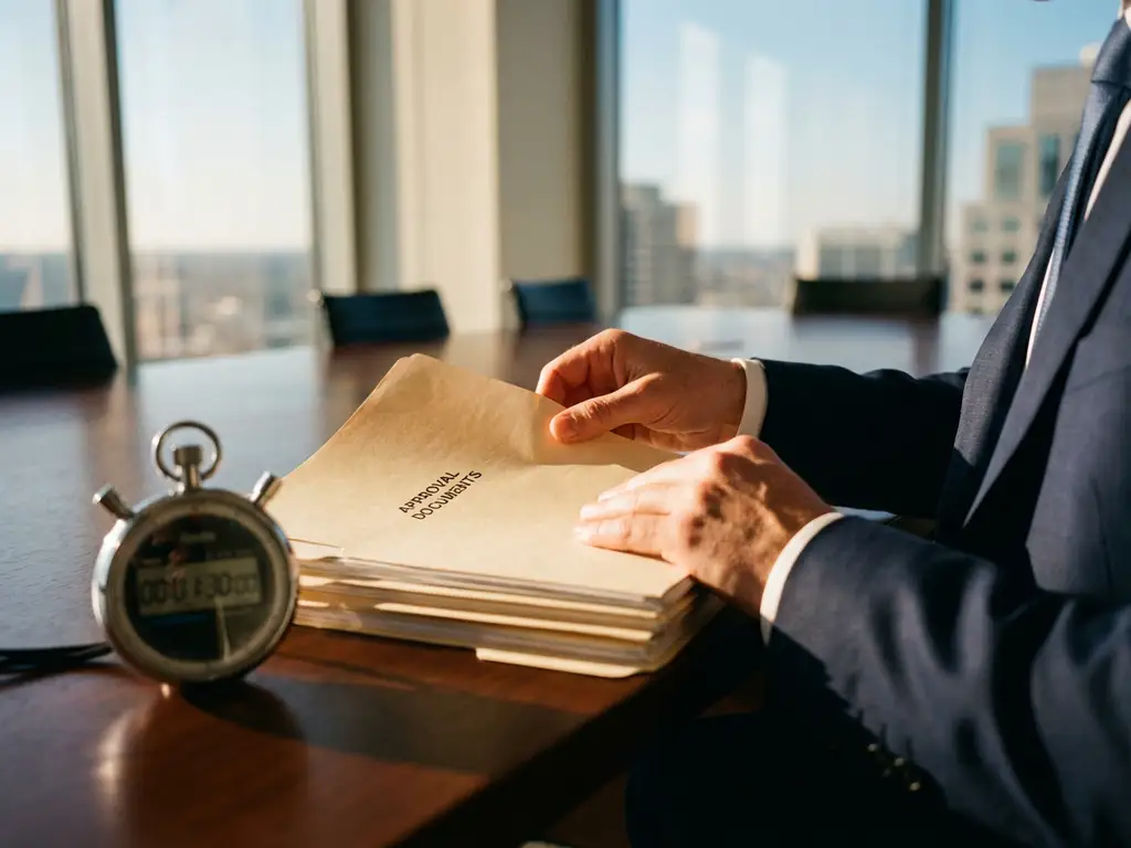 Professional regulatory consultant reviewing approval documents at conference table with stopwatch showing accelerated progress.
