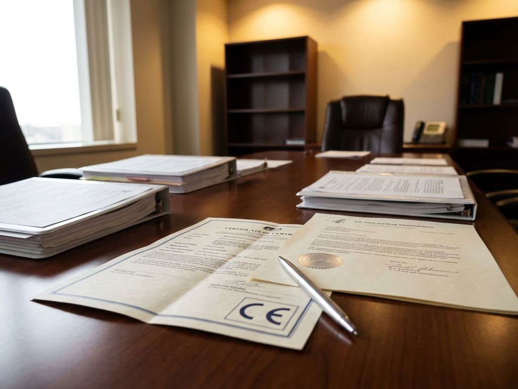 Official regulatory documents with CE marking and FDA approval letter on wooden conference table with silver pen