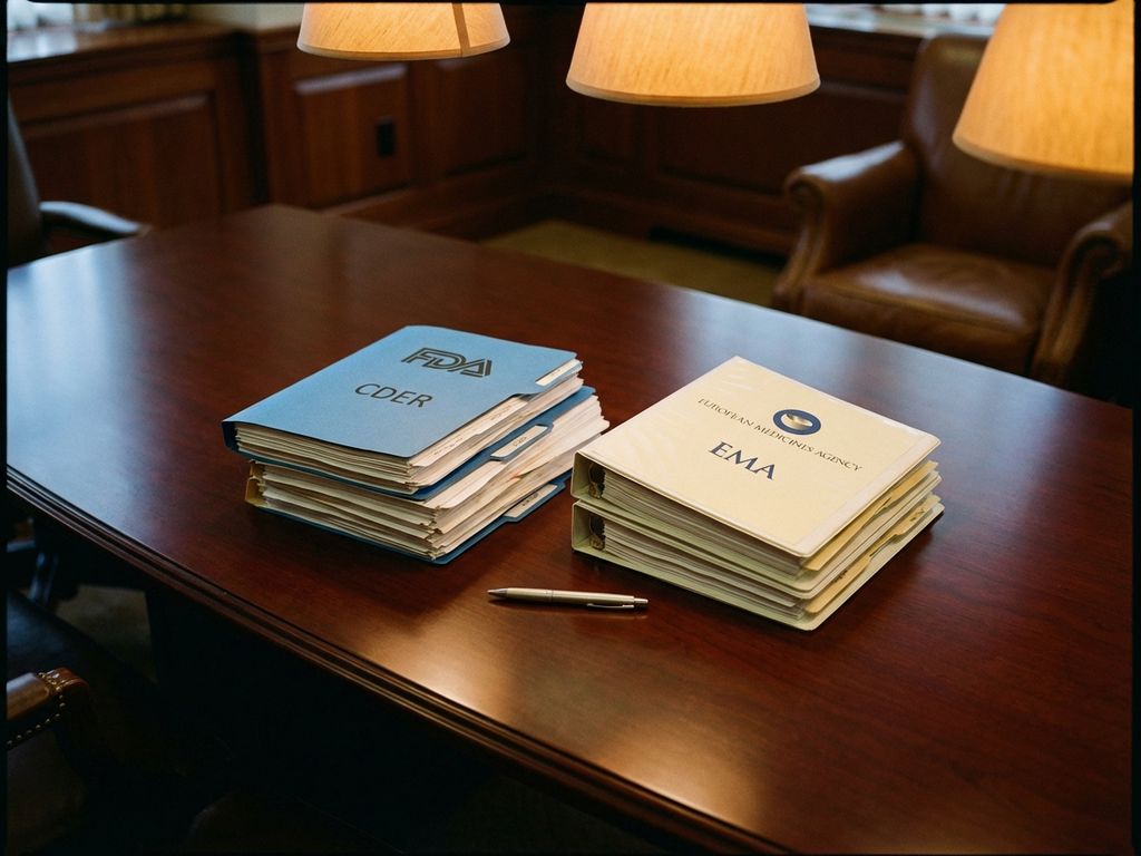 FDA and EMA regulatory document stacks on mahogany conference table with silver pen, professional office setting