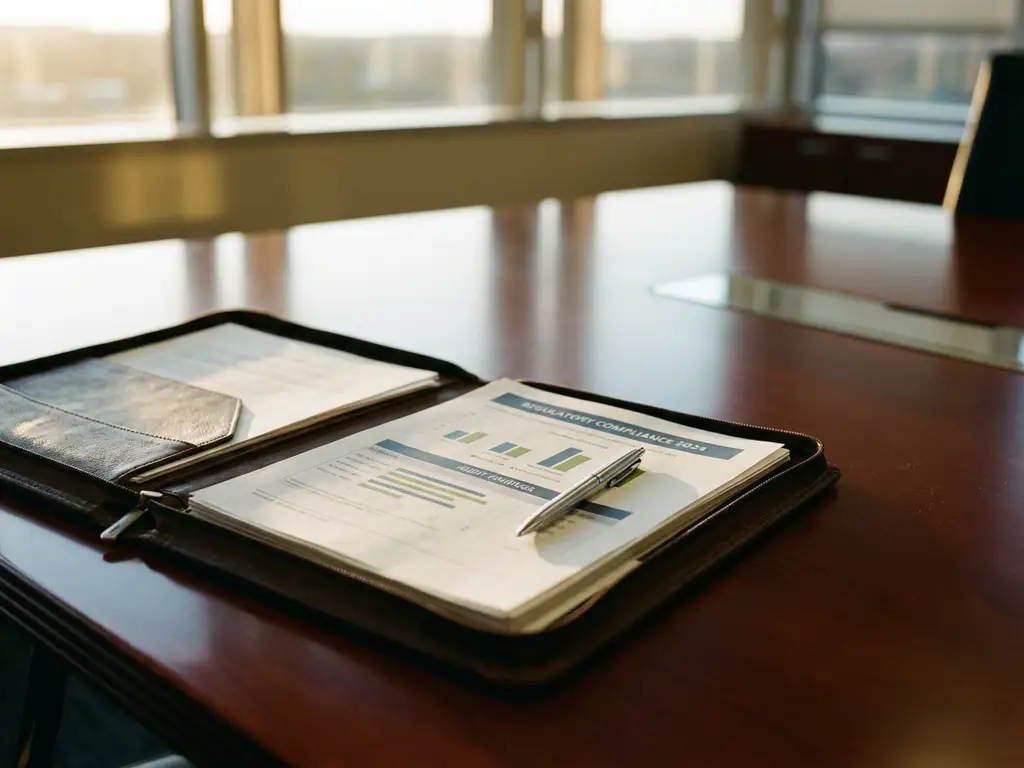 Open leather portfolio with regulatory documents and compliance charts on mahogany conference table with silver pen