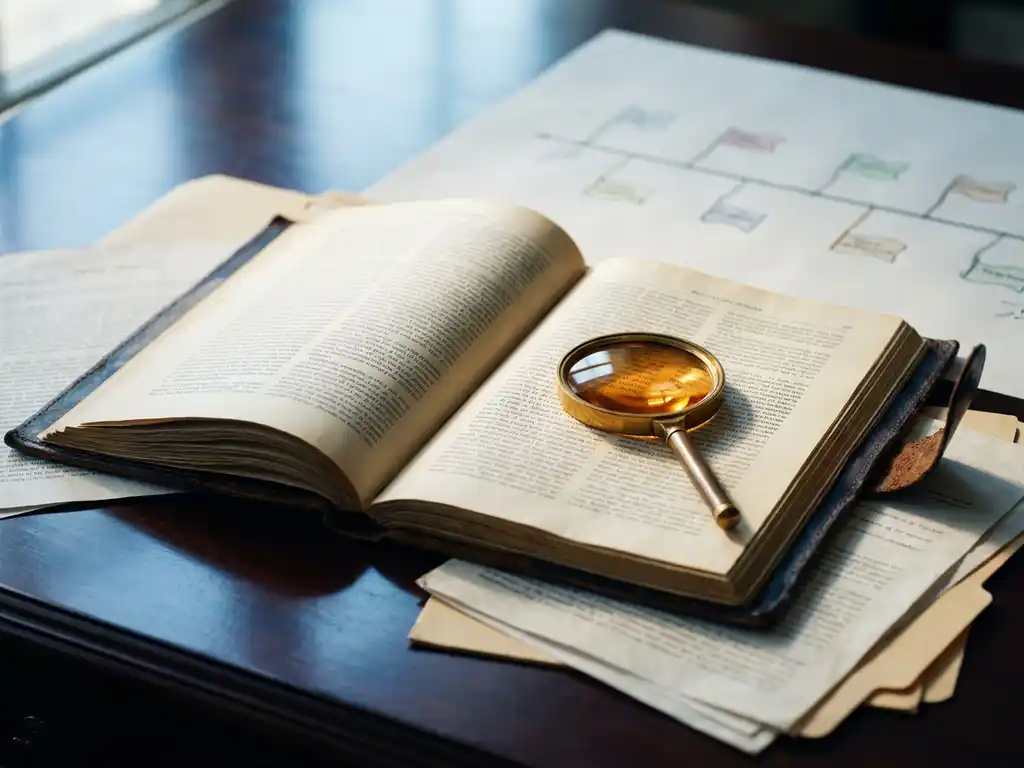 Worn leather-bound regulatory dossier open on a polished desk beside clinical research papers and an amber magnifying glass, milestone timeline in soft background blur.