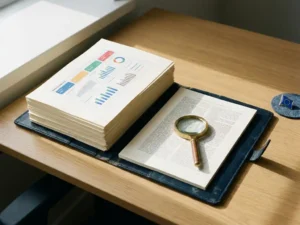 Leather-bound regulatory dossier open beside a printed monitoring dashboard, magnifying glass on scientific text, EU flag pin on a clinical desk.