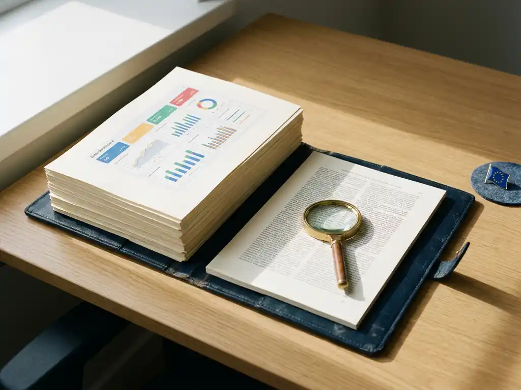 Leather-bound regulatory dossier open beside a printed monitoring dashboard, magnifying glass on scientific text, EU flag pin on a clinical desk.