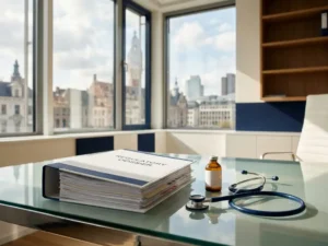 Open regulatory dossier binder on a glass desk beside a stethoscope and glass vial in a sunlit European office.
