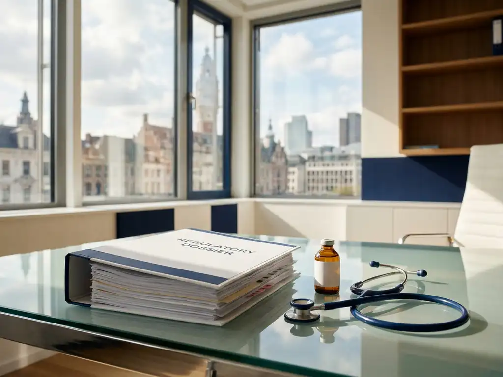 Open regulatory dossier binder on a glass desk beside a stethoscope and glass vial in a sunlit European office.