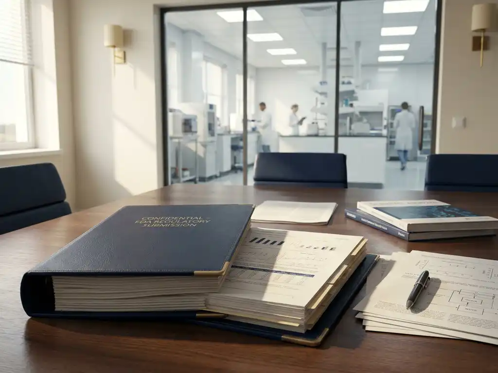 Open regulatory dossier on a conference table with scientific reference documents and pen, pharmaceutical lab visible through glass wall behind.