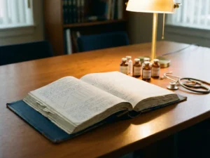 Leather-bound regulatory dossier open on a conference table with pharmaceutical vials and stethoscope under warm desk lamp light.