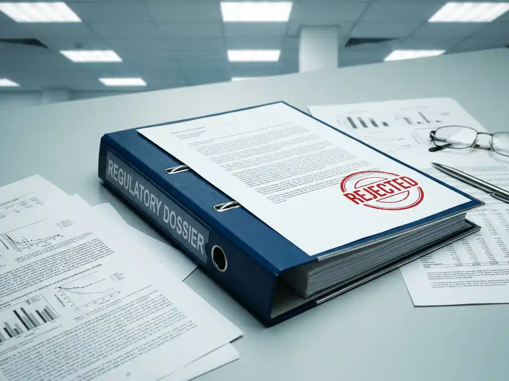 Open regulatory dossier binder on a clinical desk with a red rejection stamp on a document, surrounded by scattered scientific data pages.