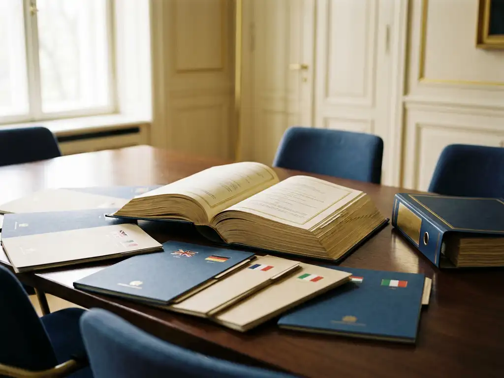 Open regulatory dossier on a conference table flanked by country-flagged submission folders and a consolidated binder in a European office.