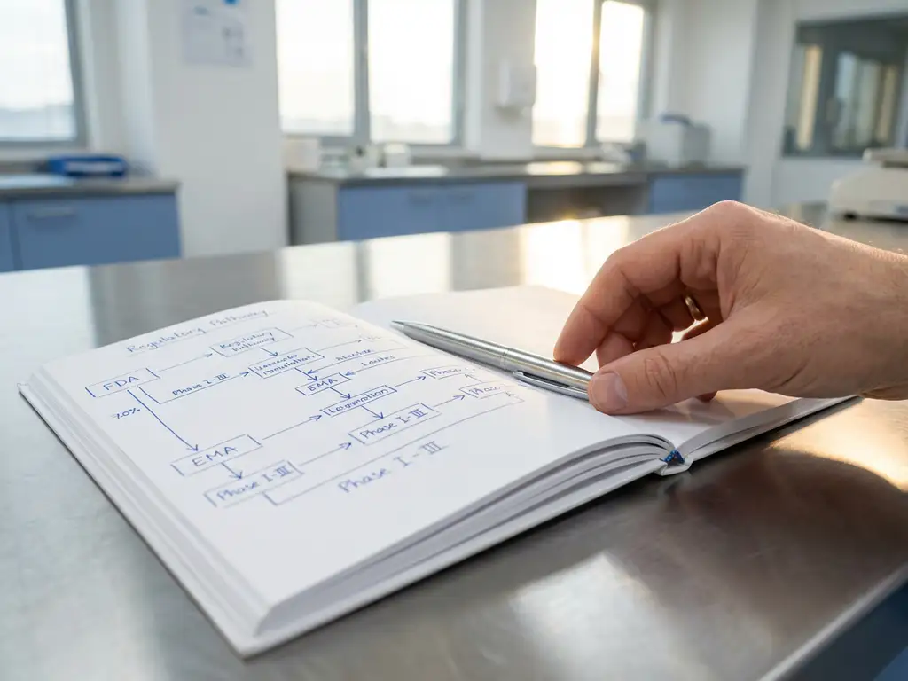 Open laboratory notebook with handwritten regulatory pathway diagrams and silver pen on steel desk in pharmaceutical office