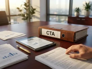 CTA regulatory binder and tablet displaying IND documentation on mahogany conference table with scattered pharmaceutical research papers and gold pen