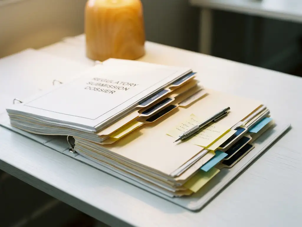 Regulatory submission dossier open on a white desk, tabbed sections incomplete with sticky notes and a mechanical pencil resting across flagged pages.