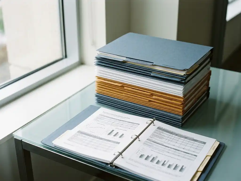 Color-coded regulatory submission folders stacked on a glass desk, open binder displaying pharmaceutical data sheets in slate blue, white, and amber tones.