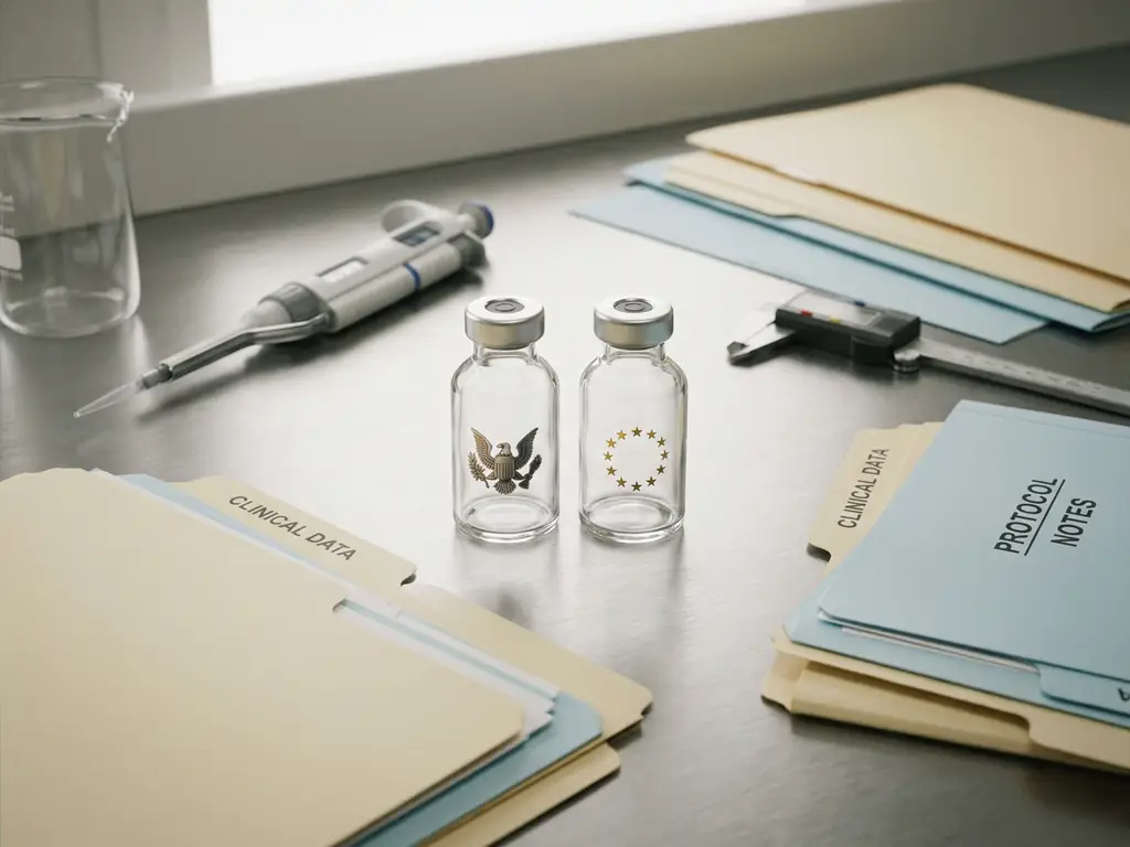 Two sterile pharmaceutical vials tagged with American and European emblems on a lab bench with measurement instruments and clinical folders.